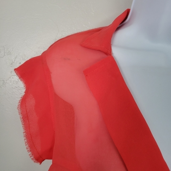 Pins and Needles Small Coral Red Short Sleeve Blouse Linen Blend Chiffon Ruffle - Picture 2 of 8